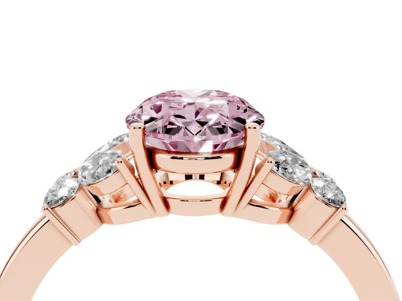 Fancy Pink Oval Cut Diamond Solitaire Floral Ring Set in Rose gold with Marquise Petals and Prong Setting