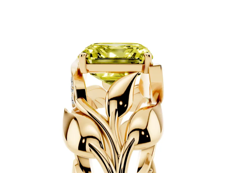 Asscher Cut Leaf Bypass Engagement Ring Setting for a Fancy Yellow Lab-Grown Diamond | Yellow Gold