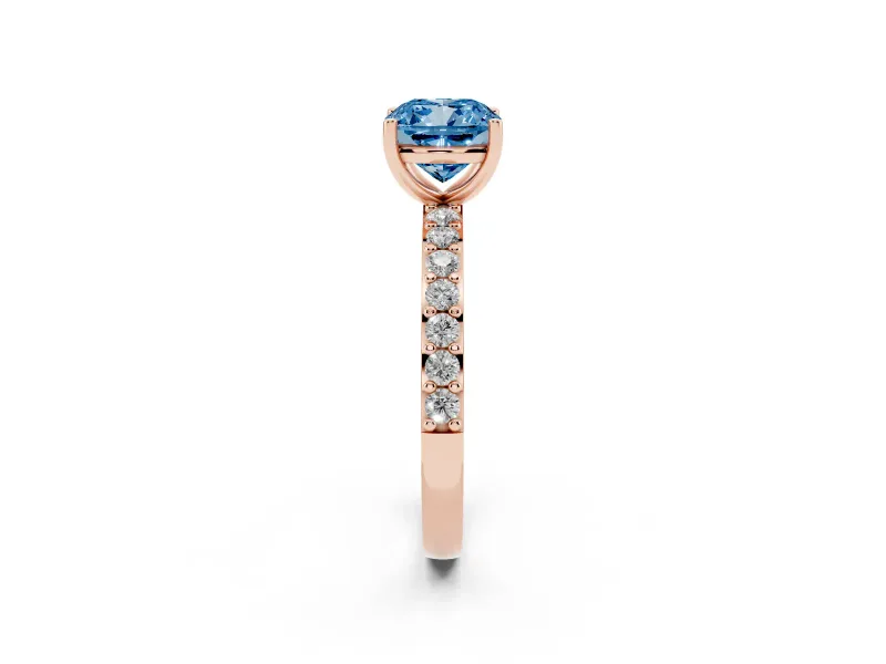Fancy Blue Cushion Cut Diamond Solitaire Set in Rose gold with Round Pavé Band and Prong Setting