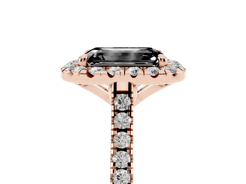Emerald Cut Halo Engagement Ring Setting for a Black Center | Tapered Band | Rose Gold
