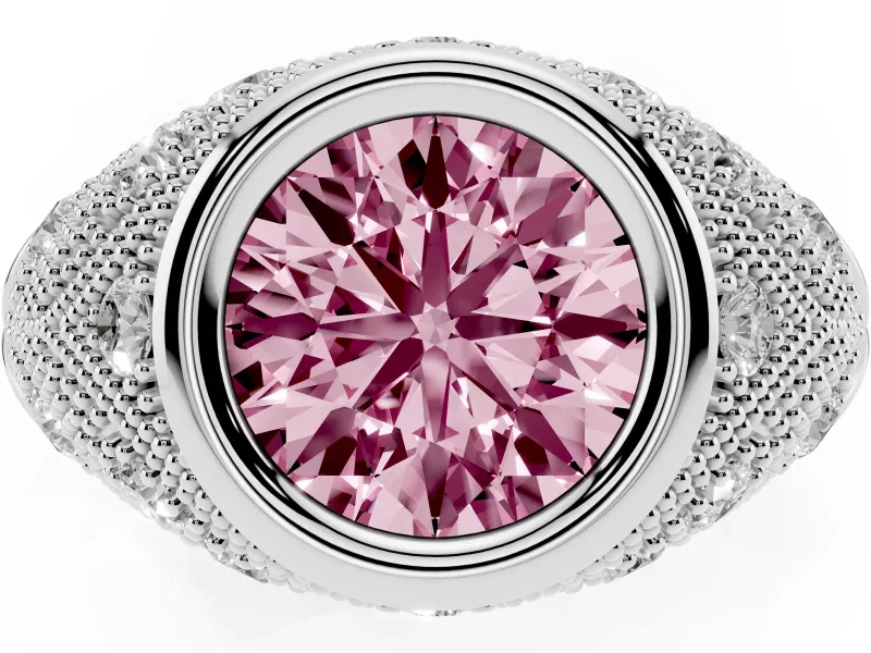 Fancy Pink Round Cut Diamond Bezel Ring Set in Platinum with Milgrain Accent Band