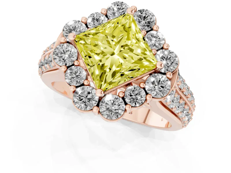 Fancy Yellow Princess Cut Diamond Halo Engagement Ring Set in Rose gold with Split Shank and Prong Setting