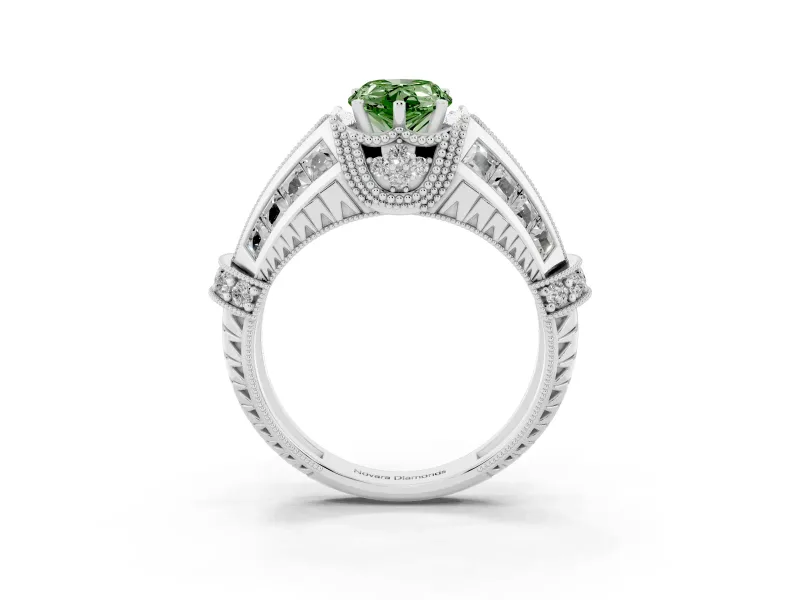 Fancy Green Pear Cut Diamond Vintage-Inspired Milgrain Ring Set in Silver with Accent Split Shank