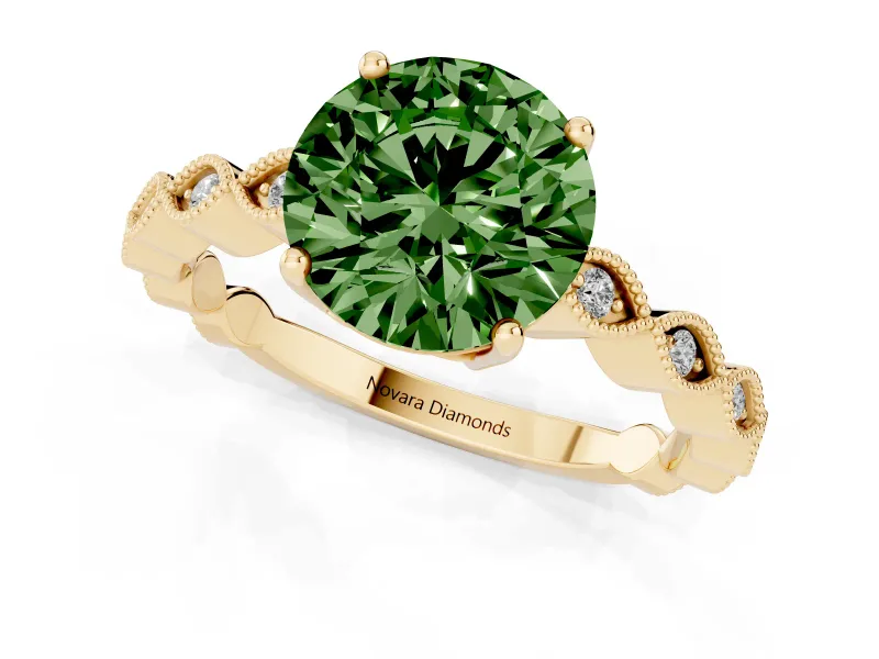 Round Milgrain Solitaire Engagement Ring Setting for a Fancy Green Lab-Grown Diamond | Yellow Gold
