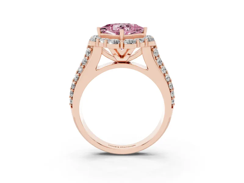 Fancy Pink Princess Cut Diamond Halo Engagement Ring Set in Rose gold with Split Shank and Prong Setting