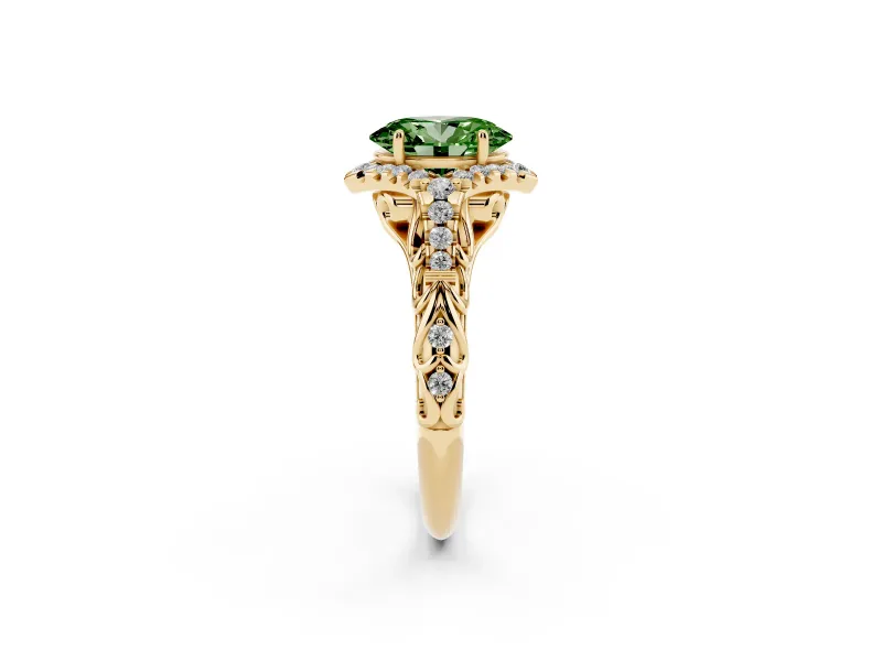 Oval Hidden Halo Filigree Engagement Ring Setting for a Fancy Green Lab-Grown Diamond | Yellow Gold