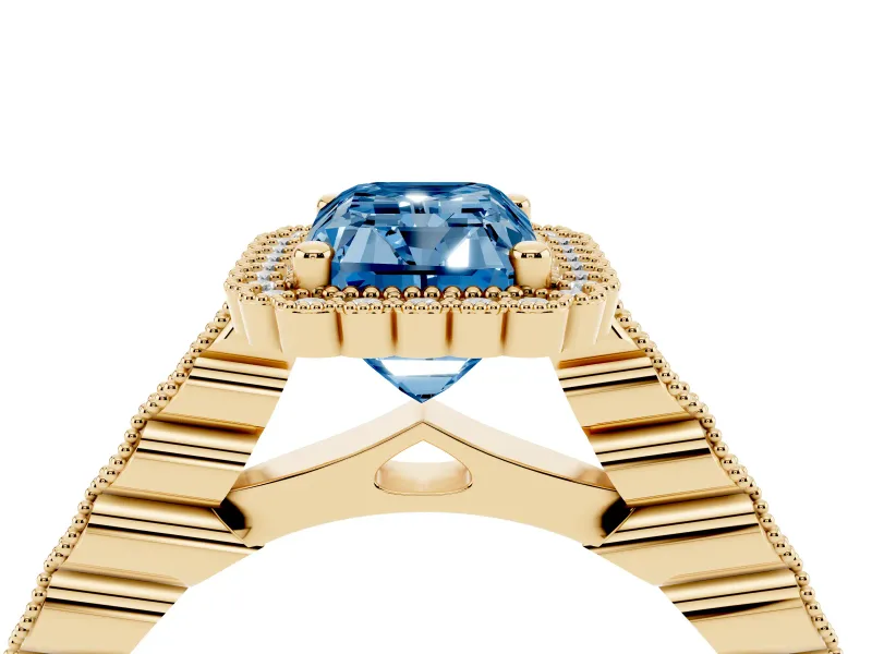 Radiant Cut Milgrain Halo Engagement Ring Setting for a Fancy Blue Lab-Grown Diamond | Beaded Shoulders | Yellow Gold