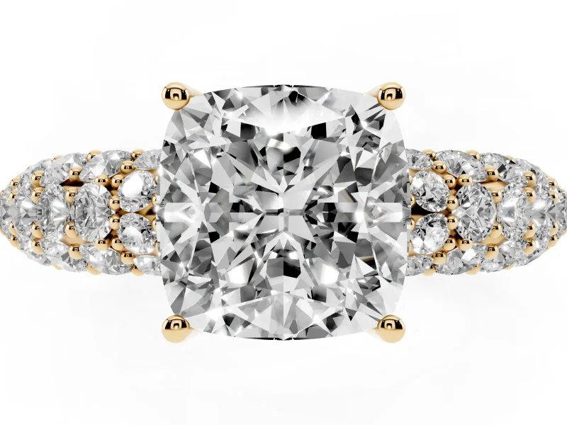 Cushion Cut Multi Row Pave Solitaire Engagement Ring Setting | Domed Shoulders | Yellow Gold