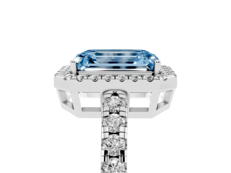 Fancy Blue Emerald Cut Diamond Halo Ring Set in Platinum with Delicate Pavé Band and Prong Setting