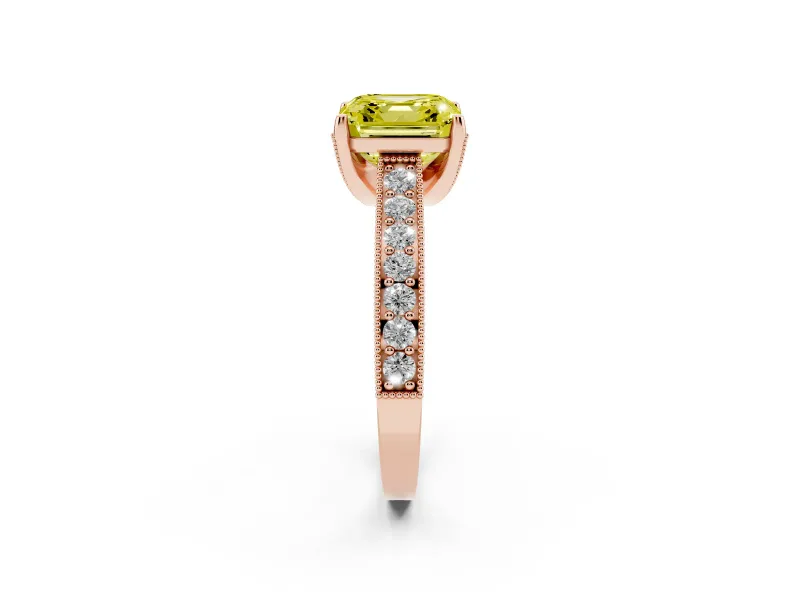 Asscher Cut Hidden Halo Engagement Ring Setting for a Fancy Yellow Lab-Grown Diamond | Milgrain Pave | Rose Gold