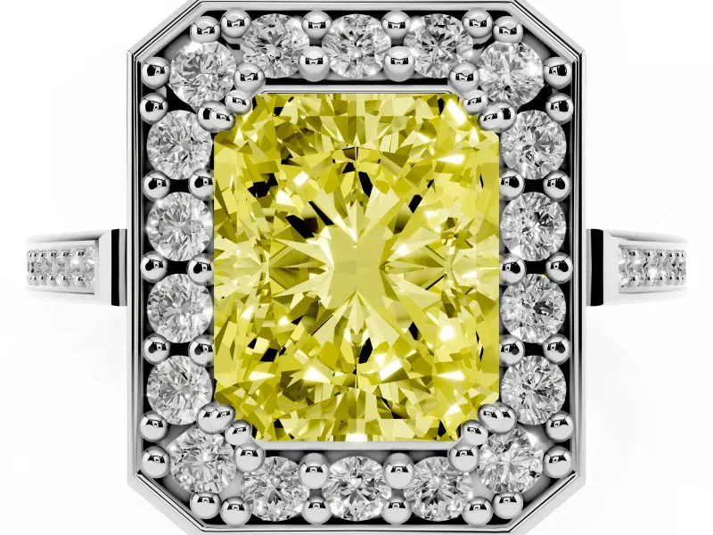Radiant Cut Halo Engagement Ring Setting for a Fancy Yellow Lab-Grown Diamond | Polished Halo Rim | Platinum