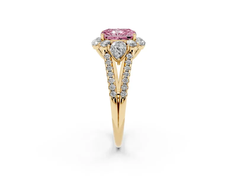 Radiant Cut Scalloped Halo Engagement Ring Setting for a Fancy Pink Lab-Grown Diamond | Pear Side Stones | Yellow Gold