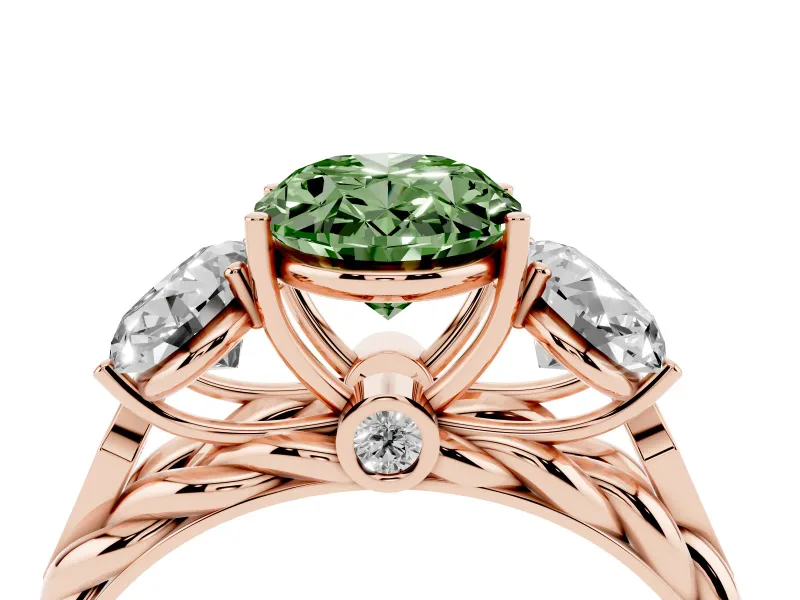 Fancy Green Oval Cut Diamond Three-Stone Ring Set in Rose gold with Braided Band