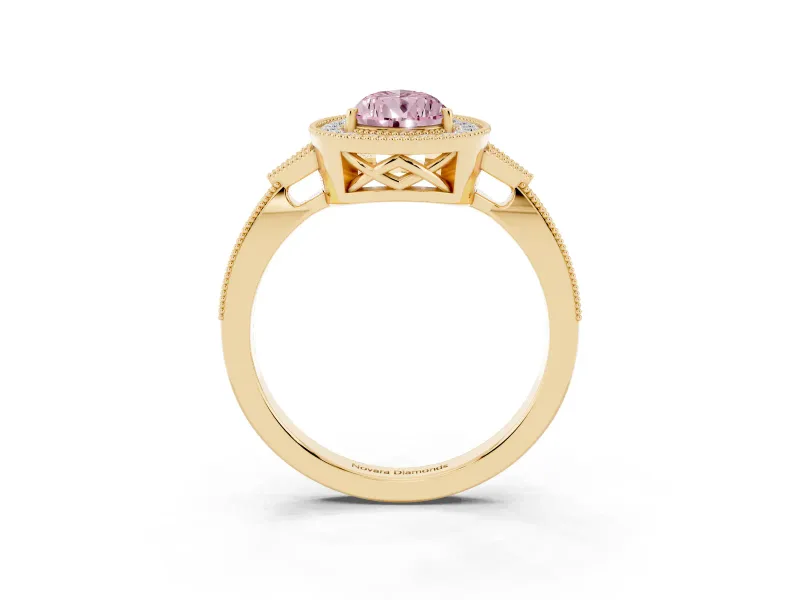 Pear-Shaped Milgrain Halo Engagement Ring Setting for a Fancy Pink Lab-Grown Diamond | Graduated Pavé | Yellow Gold