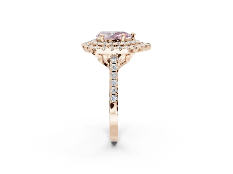 Fancy Pink Pear-Shaped Lab-Grown Diamond Double Halo Statement Ring Set in Rose Gold with Pavé Band