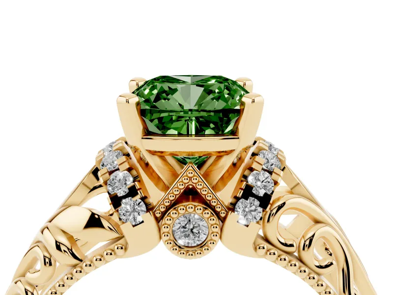 Cushion Cut Filigree Engagement Ring Setting for a Fancy Green Lab-Grown Diamond | Yellow Gold