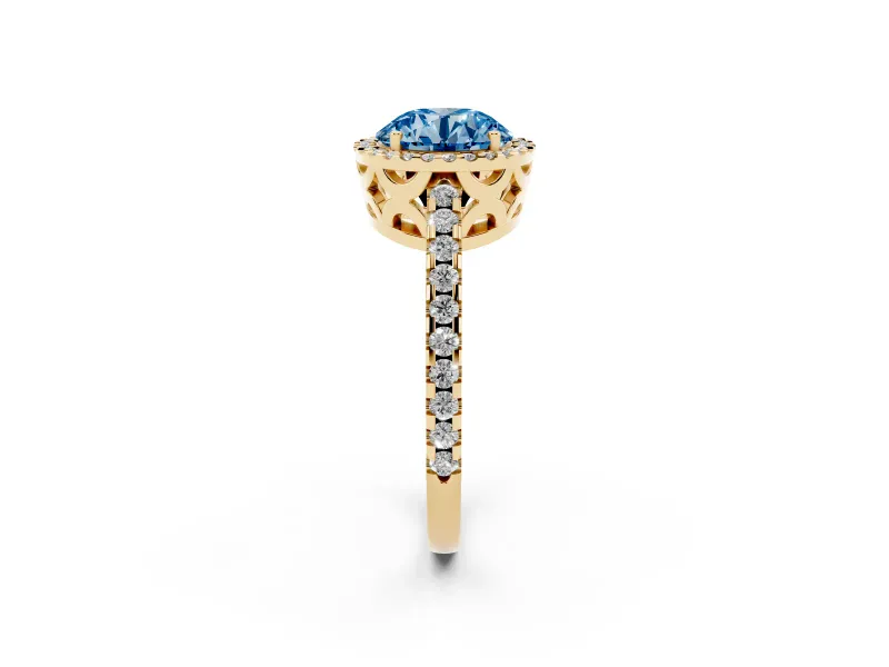 Round Halo Engagement Ring Setting for a Fancy Blue Lab-Grown Diamond | Half Pave Band | Yellow Gold
