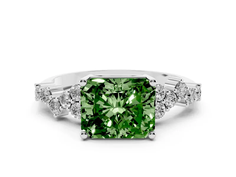 Fancy Green Radiant Cut Diamond Ring Set in Platinum with Scattered Round Accents