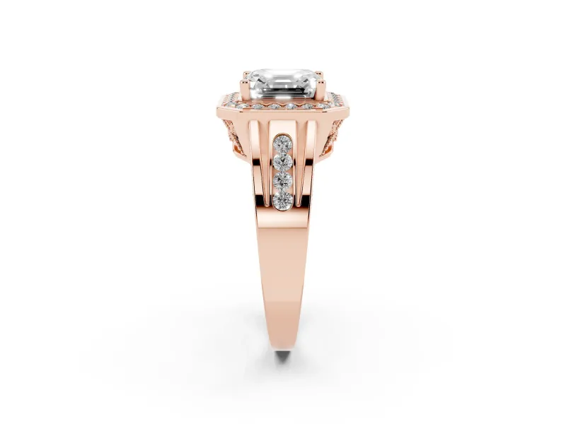 Asscher Cut Vintage Halo Engagement Ring Setting | Channel-Set Split Shank | Rose Gold