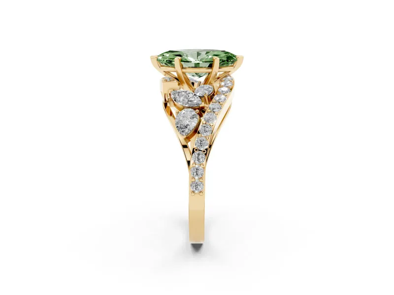 Fancy Green Marquise Cut Diamond Halo Ring Set in Yellow gold with Marquise and Pavé Band in Prong Setting