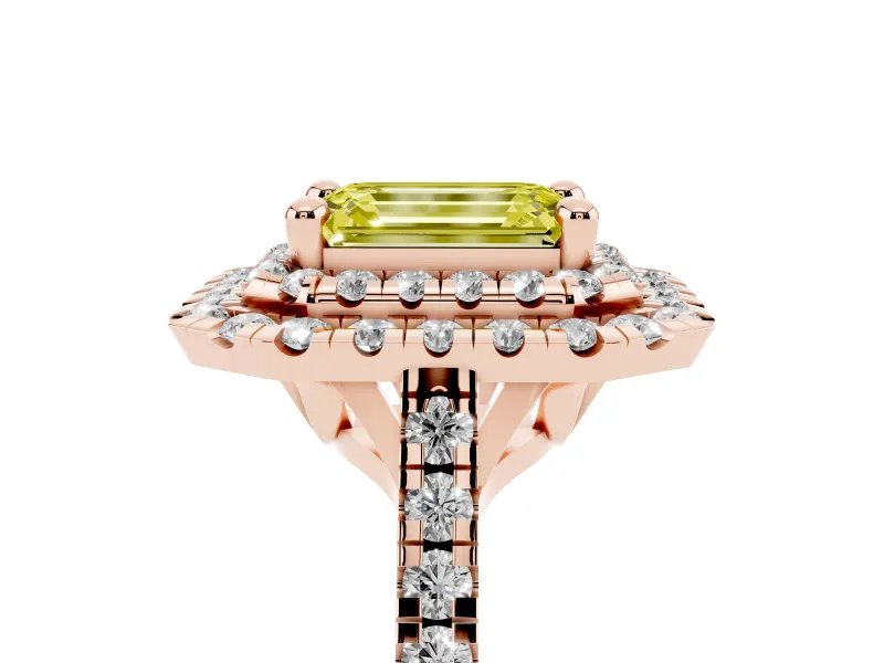 Emerald Cut Double Halo Engagement Ring Setting for a Fancy Yellow Lab-Grown Diamond | Pave Shoulders | Rose Gold