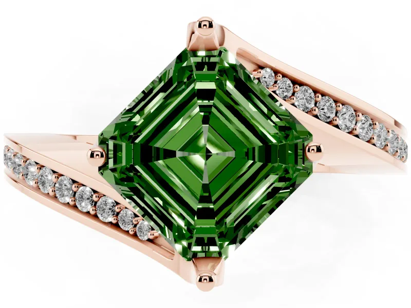 Fancy Green Asscher Cut Diamond Solitaire Ring Set in Rose gold with Intertwined Pavé Twist Band