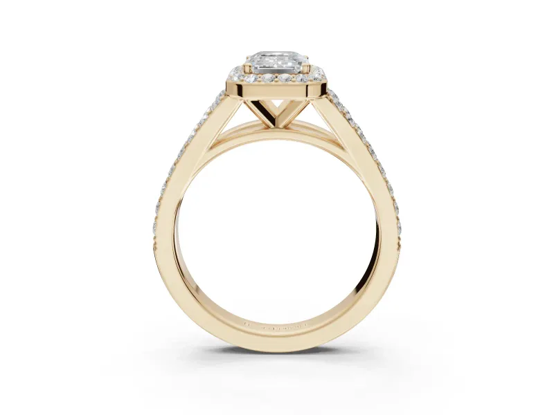 Emerald Cut Halo Pavé Engagement Ring Setting | Narrow Split Shank | Yellow Gold