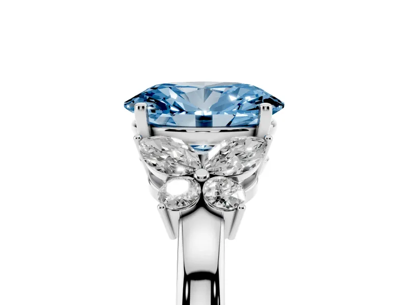 Fancy Blue Oval Cut Diamond Solitaire Floral Ring Set in Platinum with Marquise Petals and Prong Setting