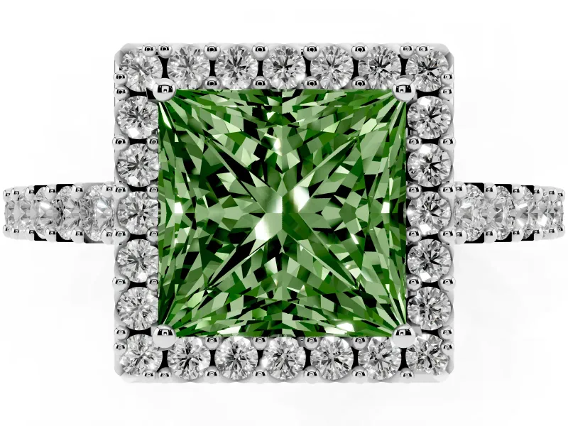 Fancy Green Princess Cut Diamond Halo Pavé Solitaire Ring Set in Platinum with Prong-Set Center Stone