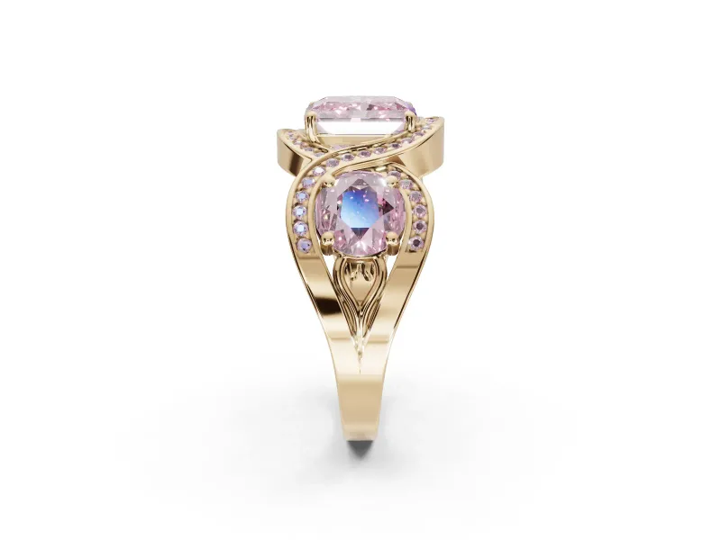 Radiant Cut Three Stone Halo Engagement Ring Setting for a Fancy Pink Lab-Grown Diamond | Pavé Wave Band | Yellow Gold