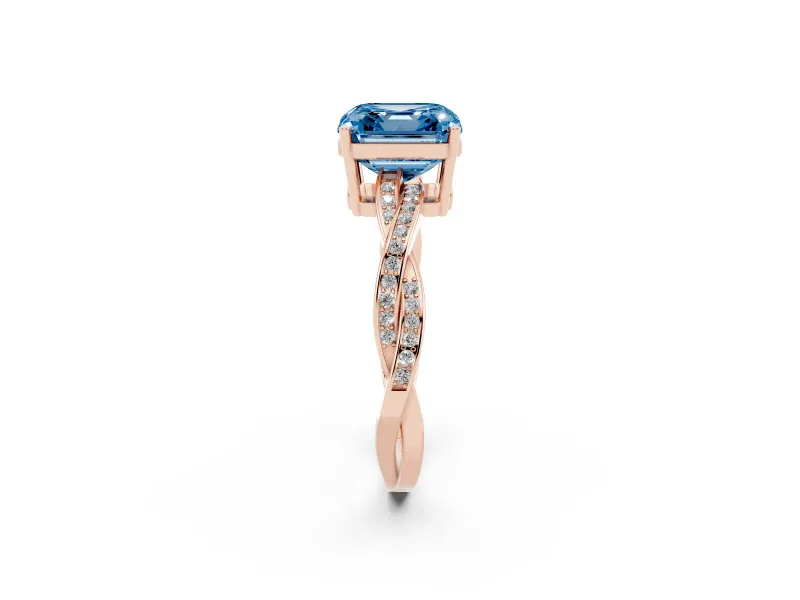 Fancy Blue Asscher Cut Diamond Solitaire Twisted Pavé Ring Set in Rose gold with Prong Setting