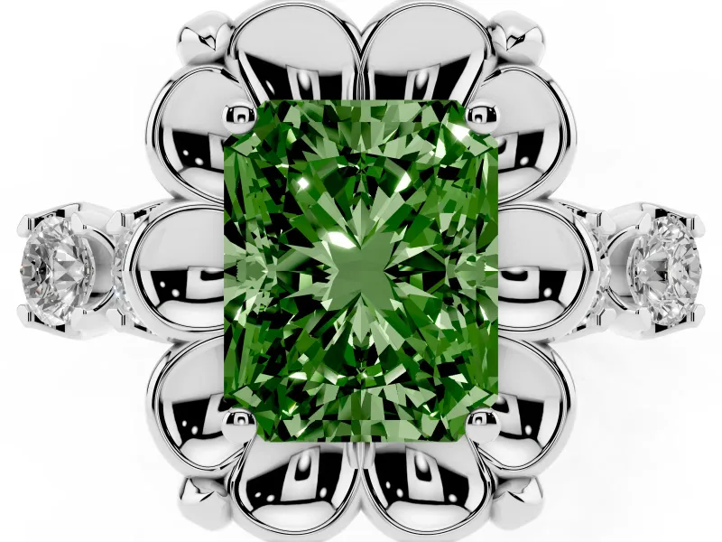 Fancy Green Radiant Cut Diamond Floral Halo Ring Set in Platinum with Shared Prong Band