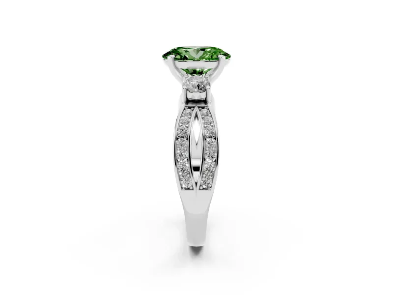 Fancy Green Three-Stone Oval Cut Diamond Twist Band Ring Set in Silver with Pavé Accents and Prong Setting