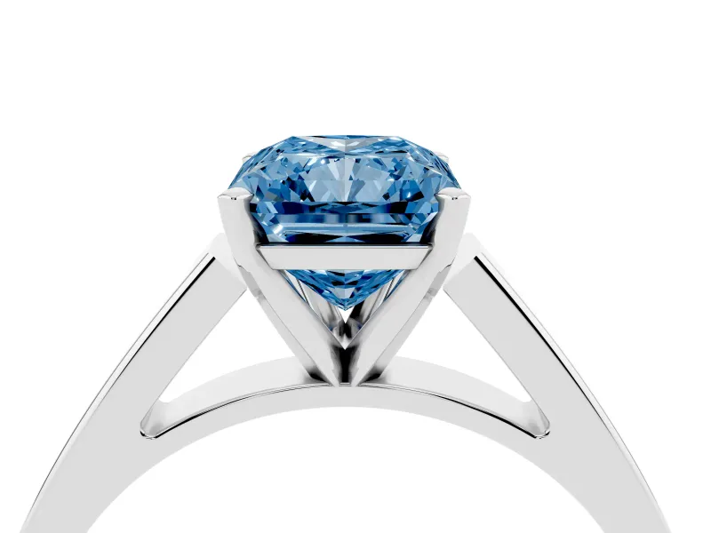 Fancy Blue Radiant Cut Diamond Solitaire Engagement Ring Set in White gold with Prong Setting and Tapered Band