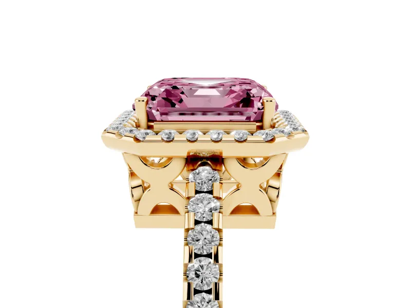 Asscher Cut Pave Halo Engagement Ring Setting for a Fancy Pink Lab-Grown Diamond | Yellow Gold