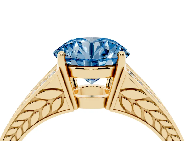 Fancy Blue Round Cut Diamond Split Shank Ring Set in Yellow gold with Pavé Band and Prong Setting