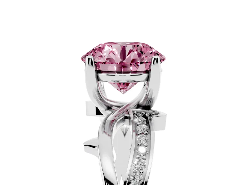 Fancy Pink Round Cut Diamond Pavé Twist Band Solitaire Ring Set in Platinum with Prong Setting