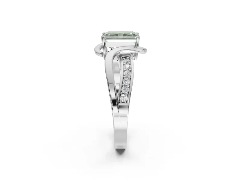 Radiant Cut Bypass Solitaire Engagement Ring Setting for a Fancy Green Lab-Grown Diamond | Pavé Strands | White Gold