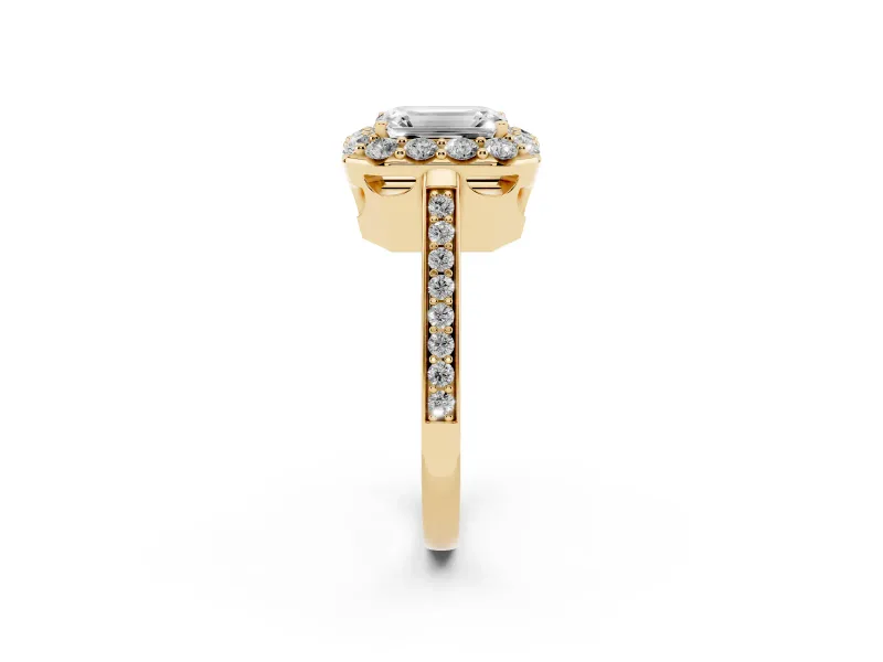Emerald Cut Floral Halo Engagement Ring Setting | Large Round Accents | Yellow Gold