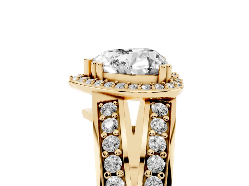 Heart Cut Diamond Halo Ring Set in Yellow gold with Double Pavé Split Shank