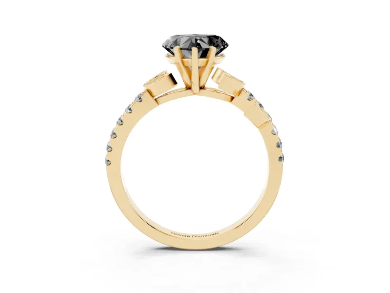 Fancy Black Heart Cut Diamond Solitaire Leaf-Inspired Ring Set in Yellow gold with Pavé Band and Prong Setting