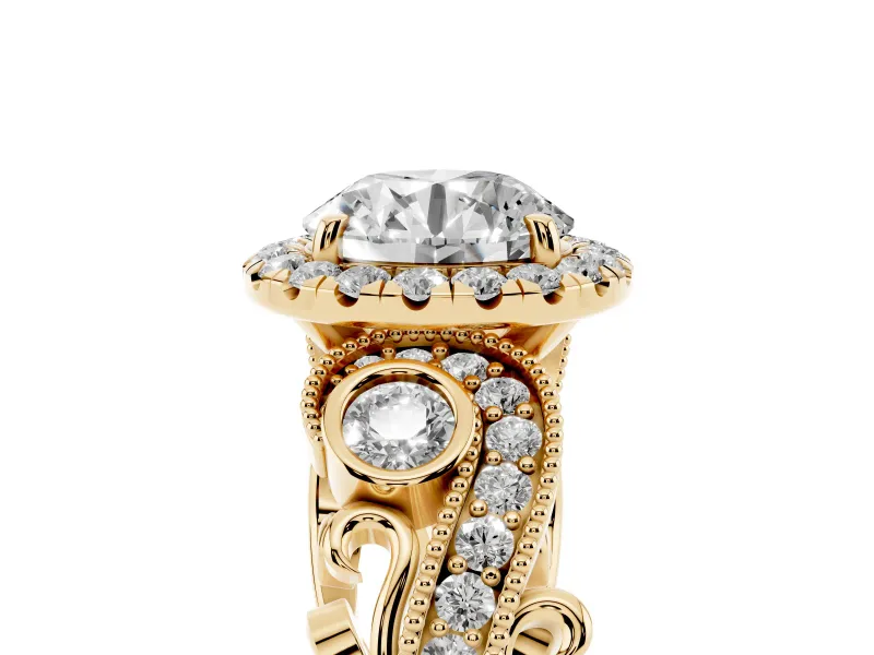 Round Vintage Milgrain Halo Engagement Ring Setting | Bezel Shoulder Accents | Yellow Gold