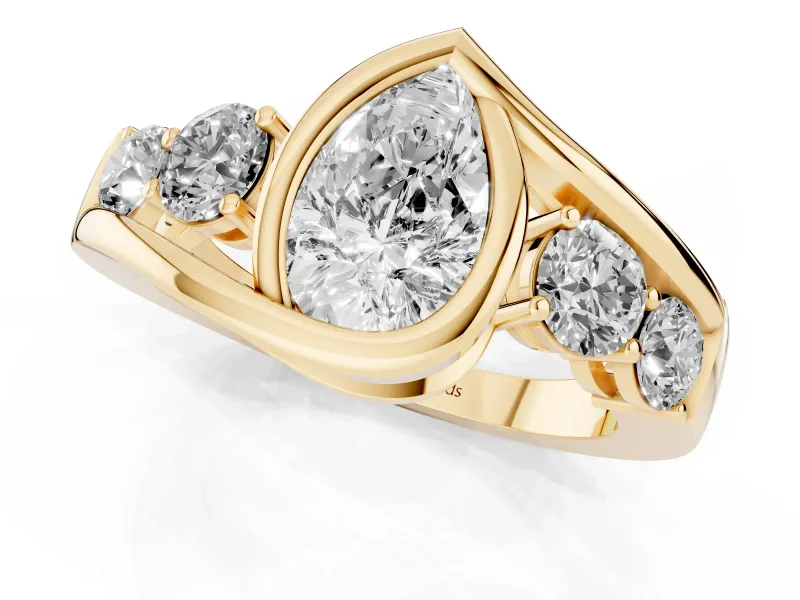 Pear-Shaped Bezel Bypass Engagement Ring Setting | Round Side Stones | Yellow Gold