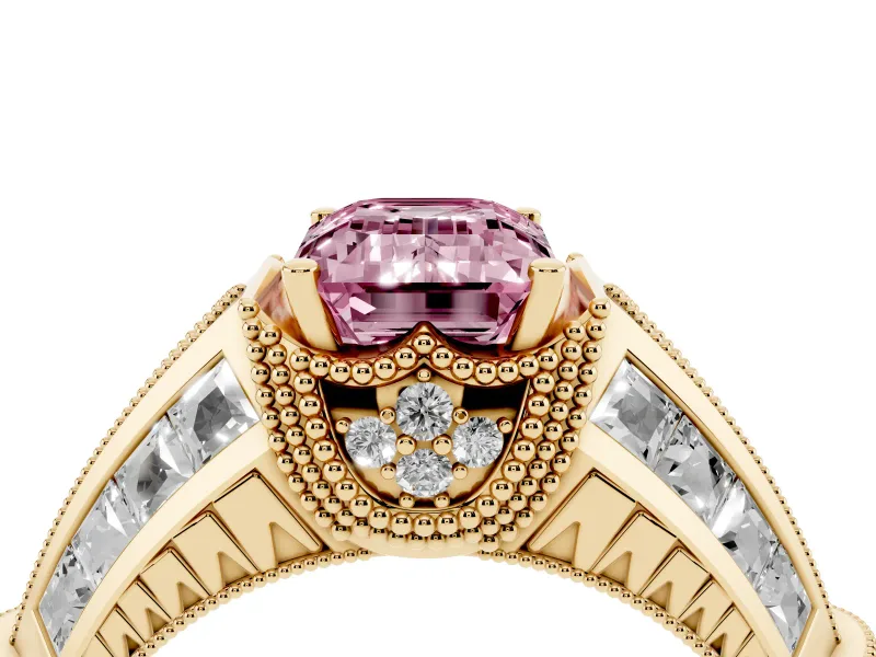 Emerald Cut Vintage Milgrain Engagement Ring Setting for a Fancy Pink Lab-Grown Diamond | Hidden Halo | Yellow Gold
