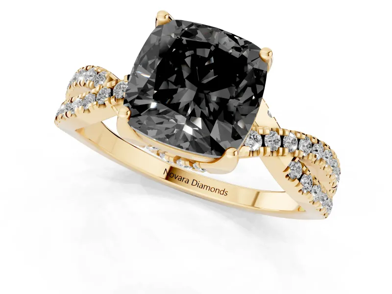 Cushion Cut Twisted Pavé Engagement Ring Setting for a Black Center | Split Shank | Yellow Gold