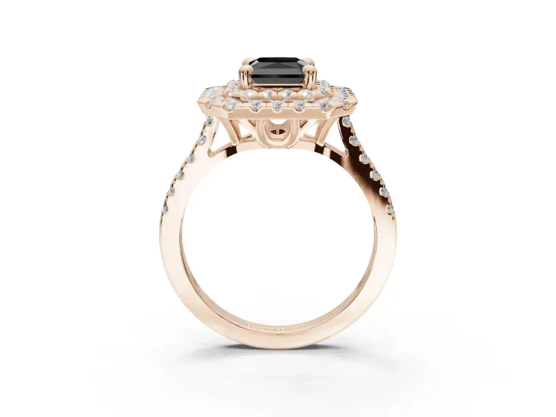 Fancy Black Radiant Cut Lab-Grown Diamond Double Halo Statement Ring Set in Rose Gold with Pavé Band