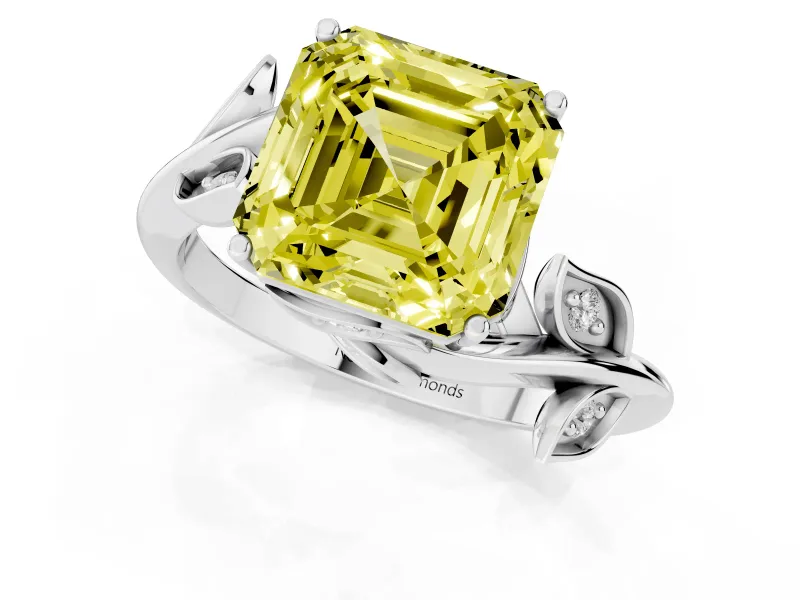 Asscher Cut Twisted Bypass Engagement Ring Setting for a Fancy Yellow Lab-Grown Diamond | Leaf Vine | Sterling Silver