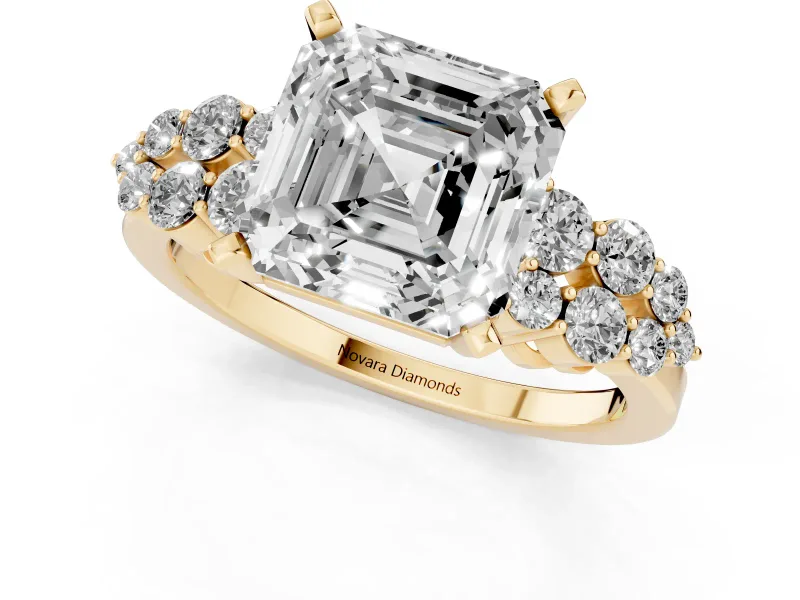 Asscher Cut Side Stone Engagement Ring Setting | Two-Row Shoulder Clusters | Yellow Gold