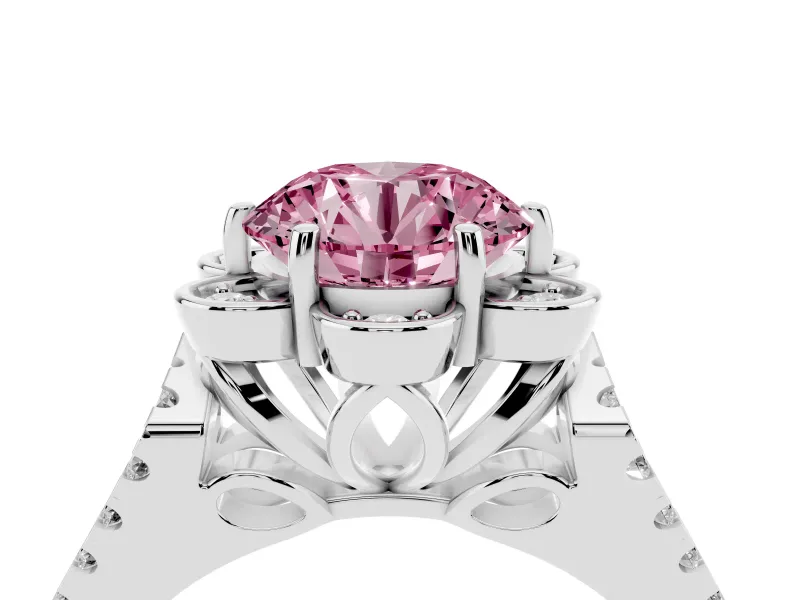 Round Floral Halo Engagement Ring Setting for a Fancy Pink Lab-Grown Diamond | Pavé Split Shank | Sterling Silver