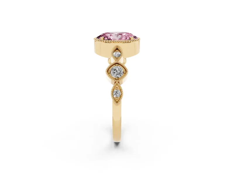 Fancy Pink Oval Cut Diamond Vintage-Inspired Milgrain Ring Set in Yellow gold with Marquise Stations of Round Accents